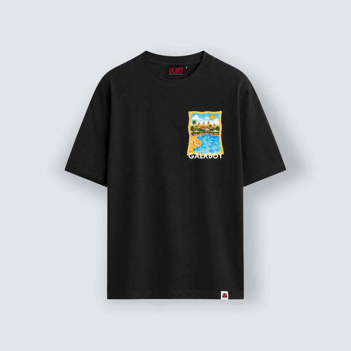 GALXBOY Cabana T-Shirt in black, front view, small pool and palace illustration on the chest