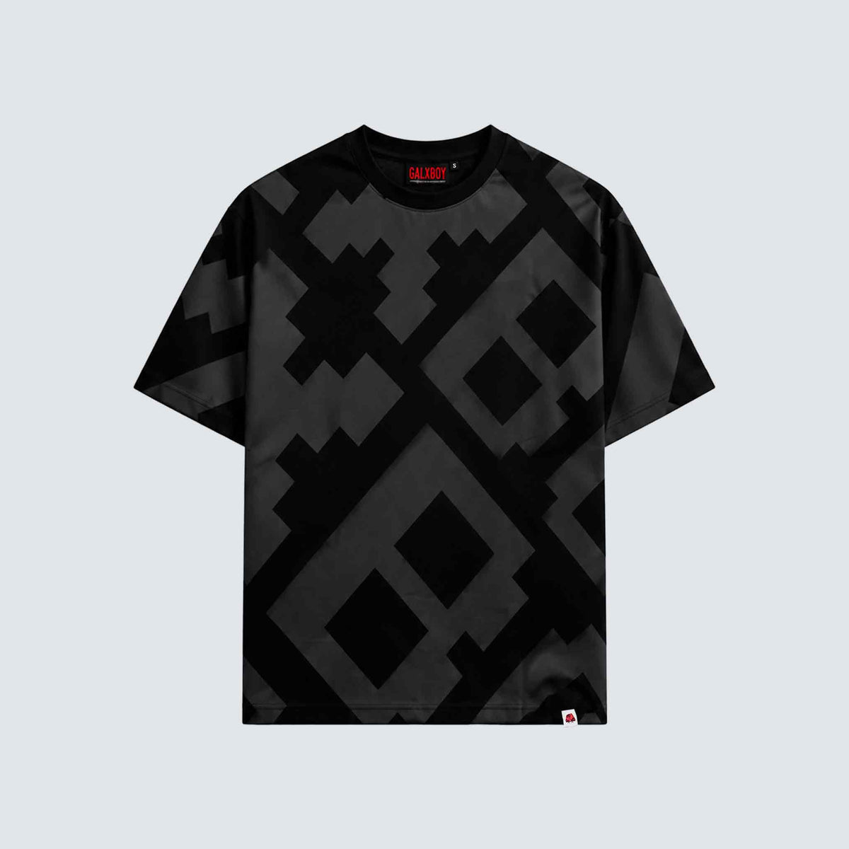 GALXBOY 8-Bit T-Shirt in black, front view, tonal grey pixel print with a small logo