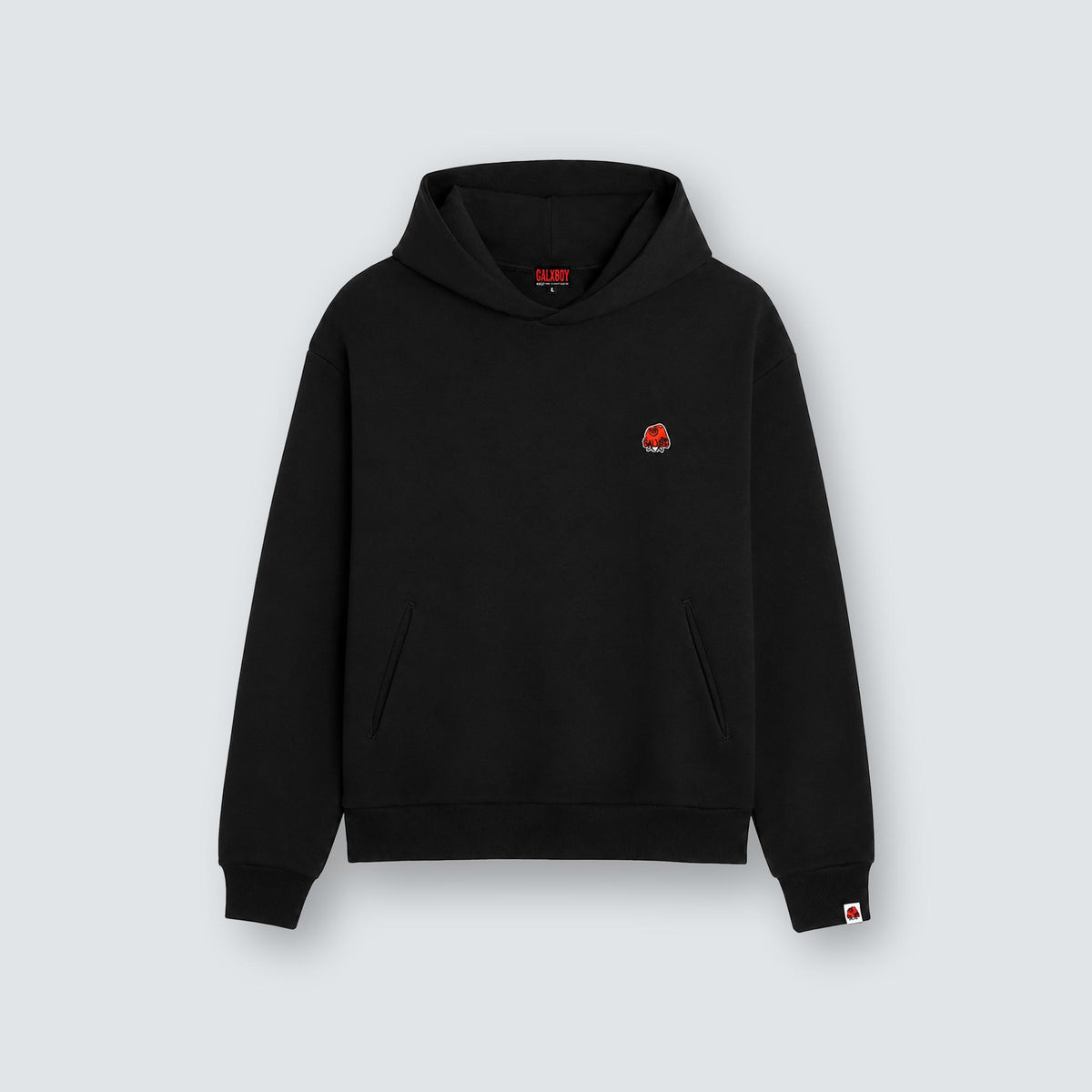GALXBOY Beanie Hoodie in black, flat front view with red Beanie logo.