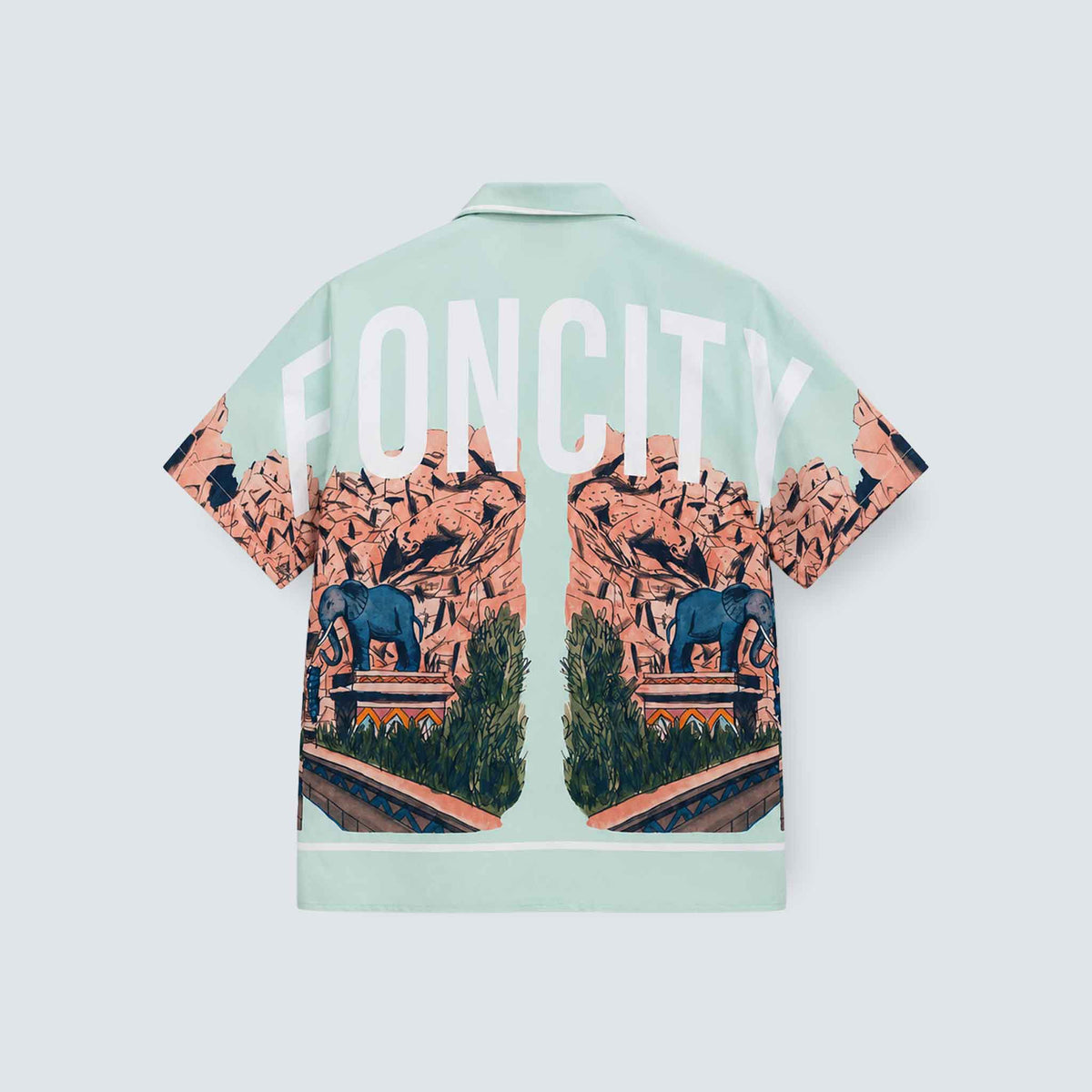 GALXBOY Foncity Bowling Shirt in mint green, flat back view with FONCITY lettering.