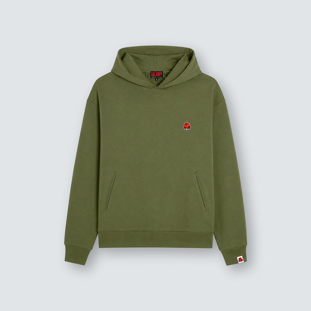 GALXBOY Beanie Hoodie in olive green, flat front view with Beanie logo.
