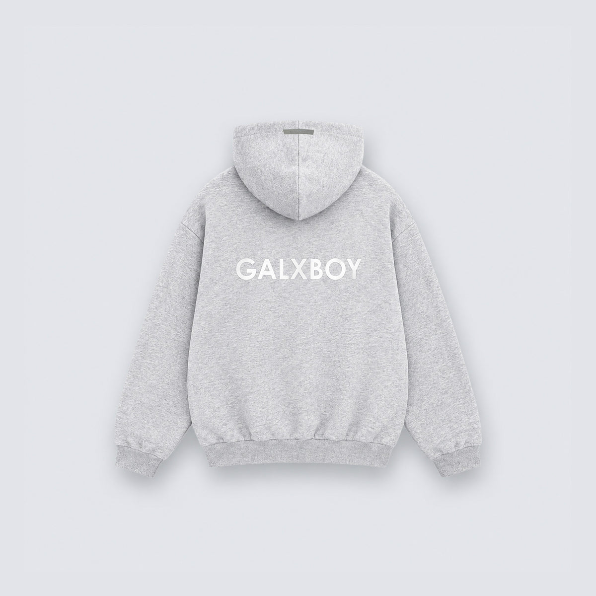 GALXBOY Essential Hoodie in light grey, flat back view with GALXBOY wordmark.