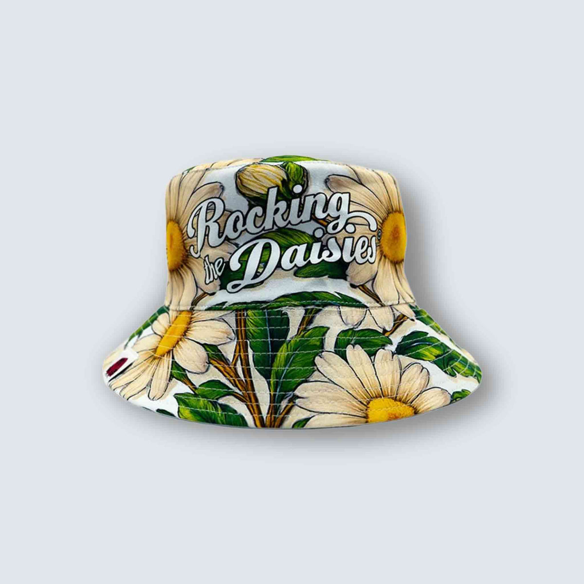 GALXBOY RTD Flower Bucket Hat front view with white and yellow flower print on green background.