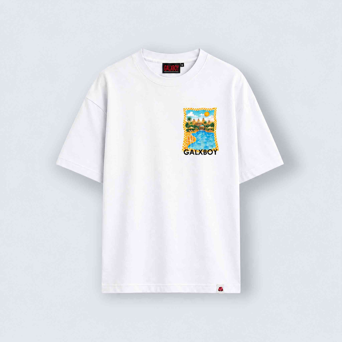 GALXBOY Cabana T-Shirt in white, front view, small pool and palace illustration on the chest