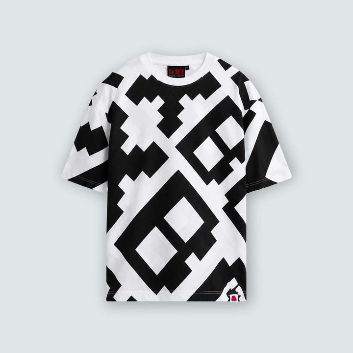 GALXBOY 8-Bit T-Shirt in black and white, front view, all over pixel print