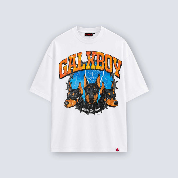 GALXBOY Underdog T-Shirt in white, front view, three Dobermans below an orange arched wordmark.