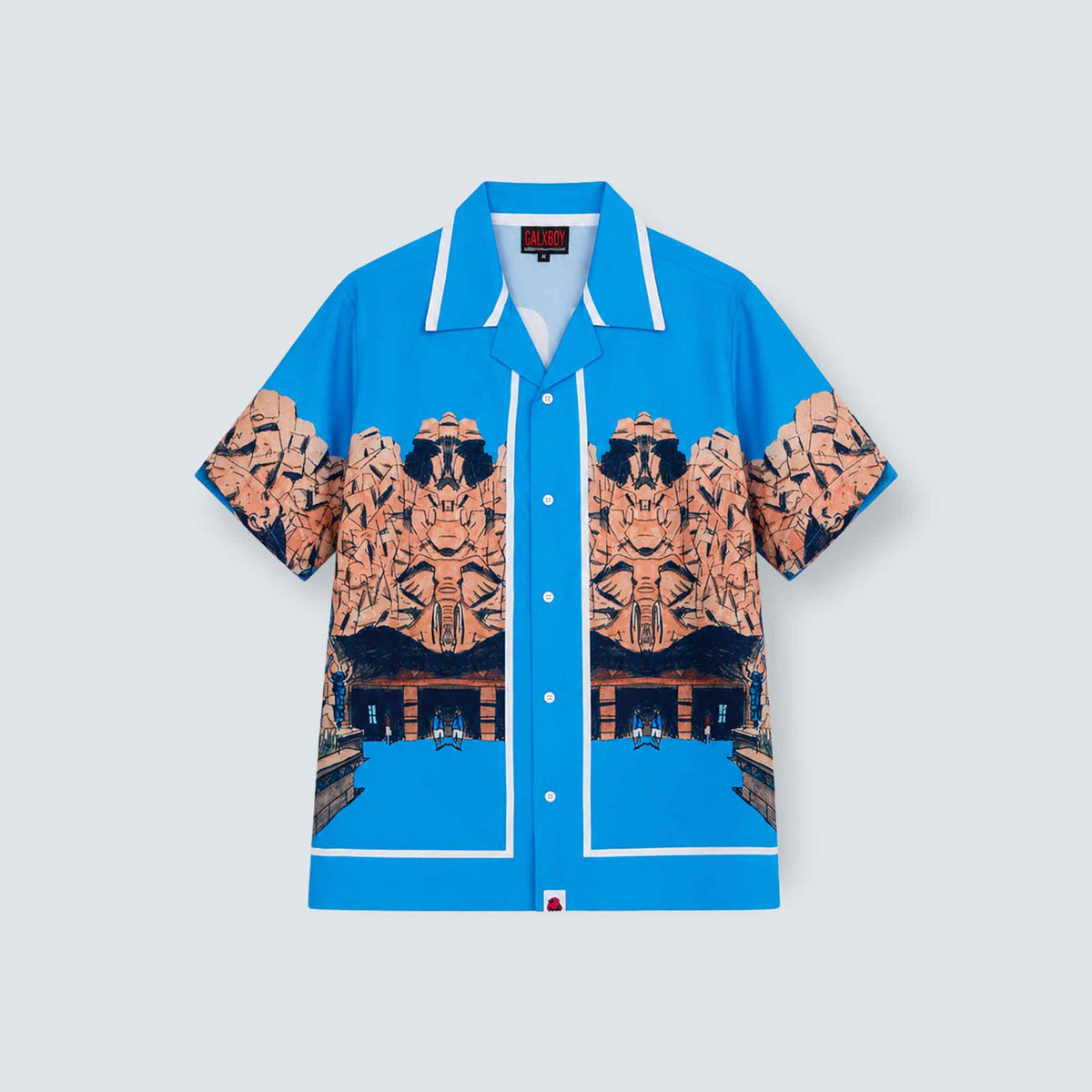 GALXBOY Foncity Bowling Shirt in blue, flat front view with illustrated print.