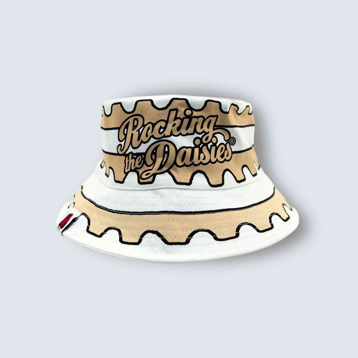 GALXBOY RTD Stripe Bucket Hat front view with black, cream and yellow illustrated stripe pattern.