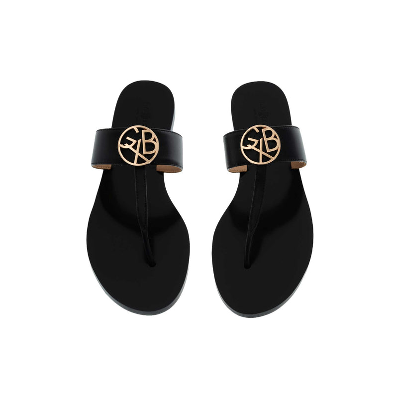 THONG SANDALS IN BLACK CALFSKIN WITH GOLD LOGO