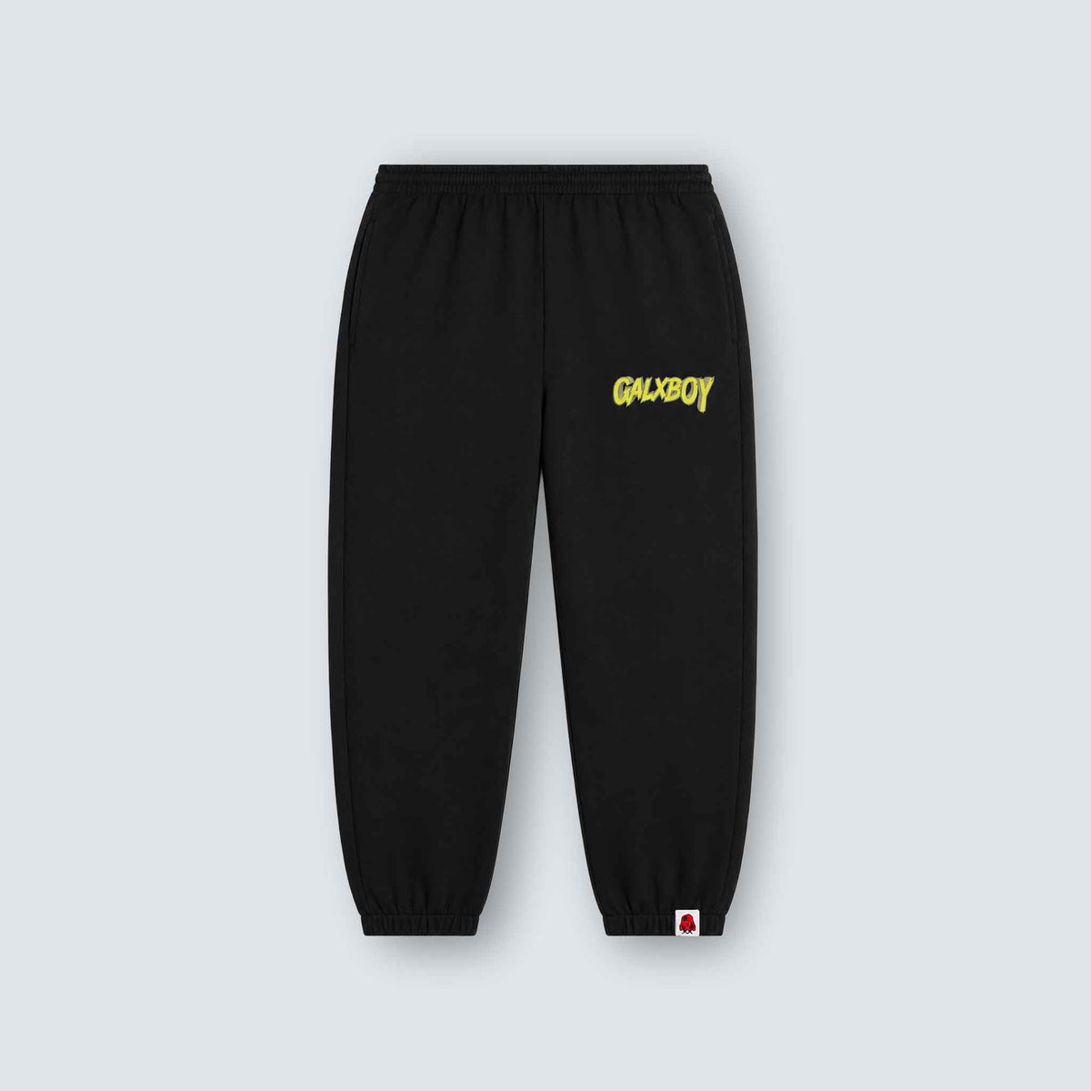 GALXBOY World Peace 2.0 Sweatpants in black, flat front view with small yellow-green logo.