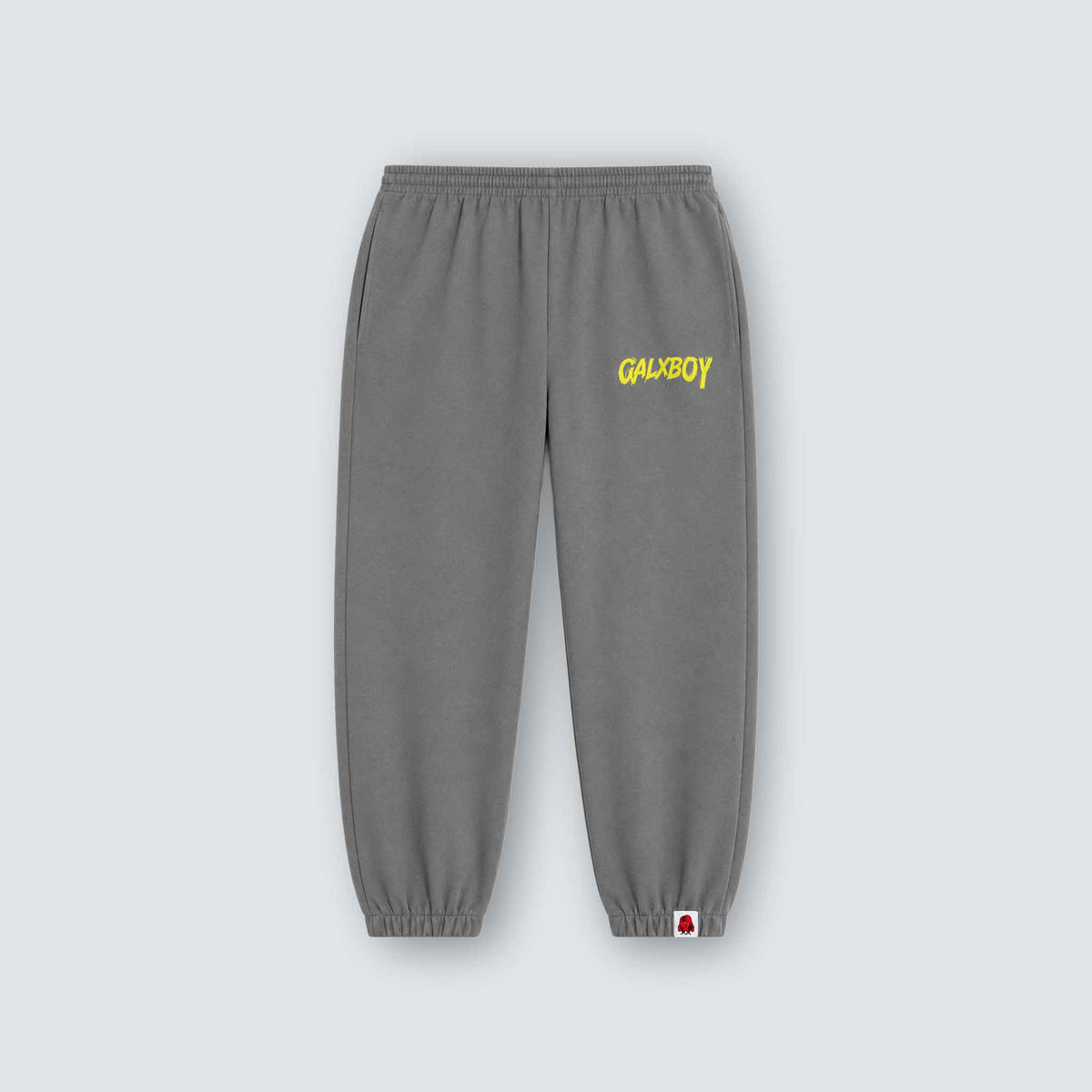 GALXBOY World Peace 2.0 Sweatpants in grey, flat front view with small yellow-green logo.