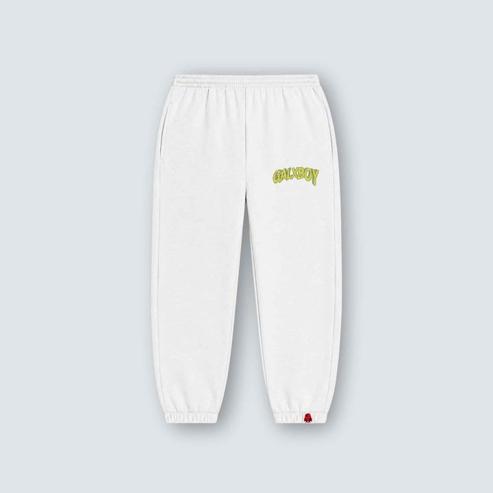 GALXBOY World Peace 2.0 Sweatpants in white, flat front view with small yellow-green logo.