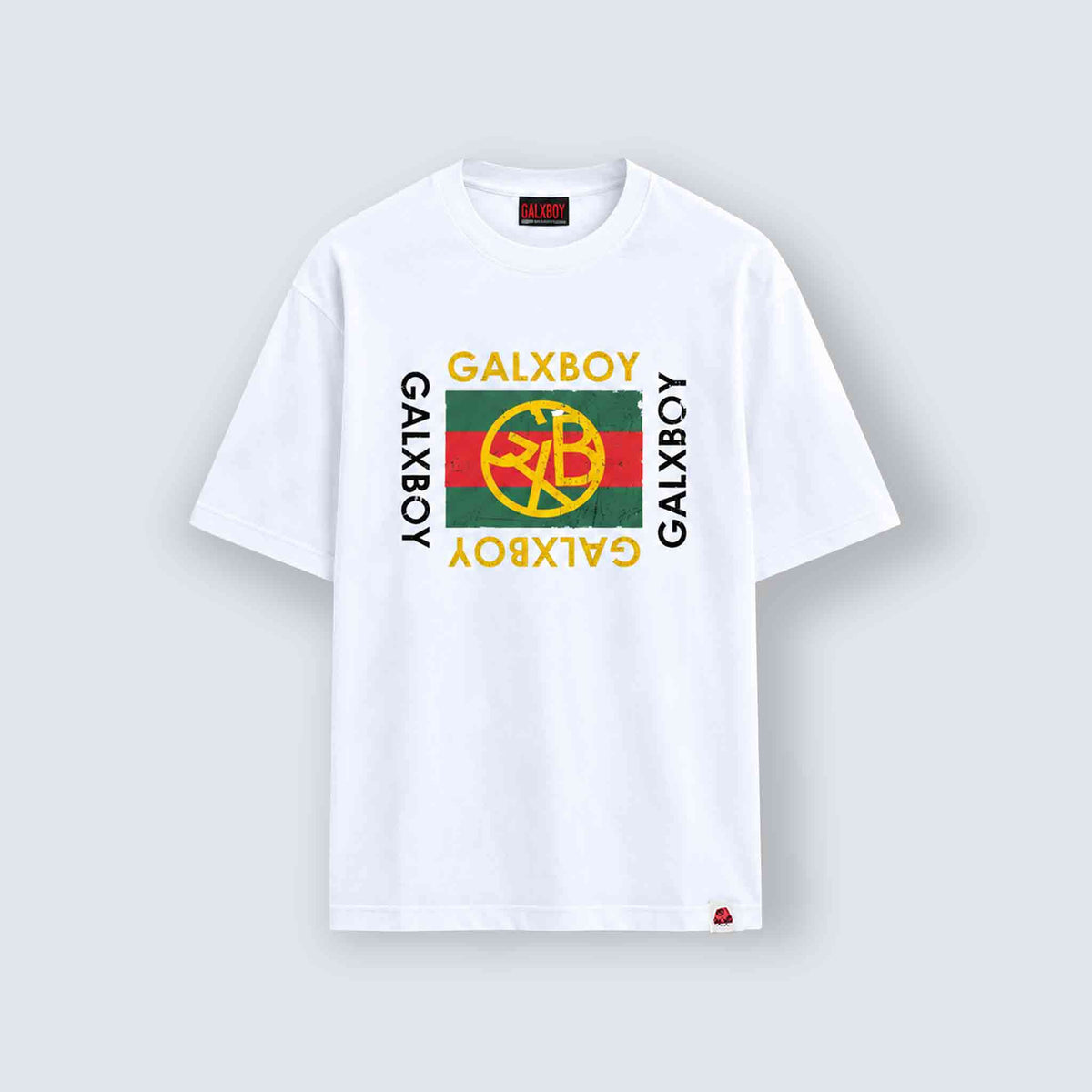 GALXBOY Vintage T-Shirt in white, flat front view, flag emblem with GALXBOY text around it